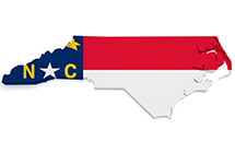 North Carolina flag superimposed on top of state shape cutout