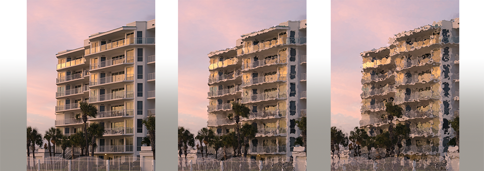 stock image of beach condos repeated with increased distortion of image to represent condos with damages over time-construction liability