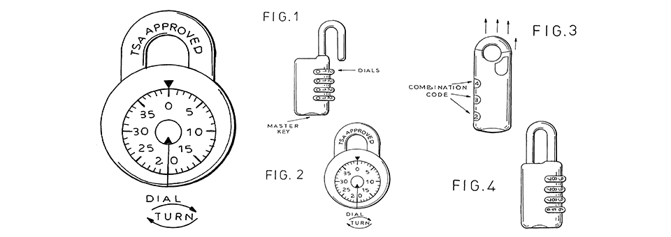 images of patent drawings for patented TSA travel lock